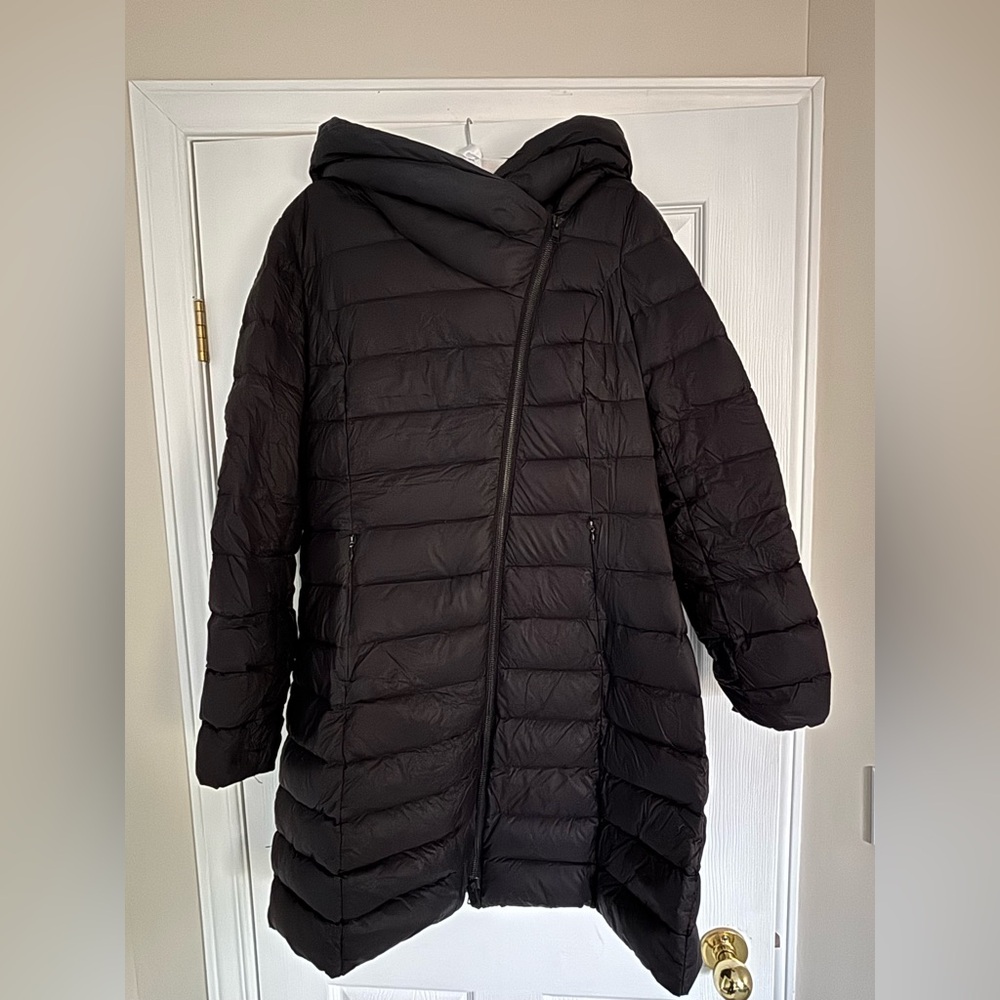Soia & Kyo Karelle Black Hooded Down Puffer Coat w/ Asymmetric Zip, XL